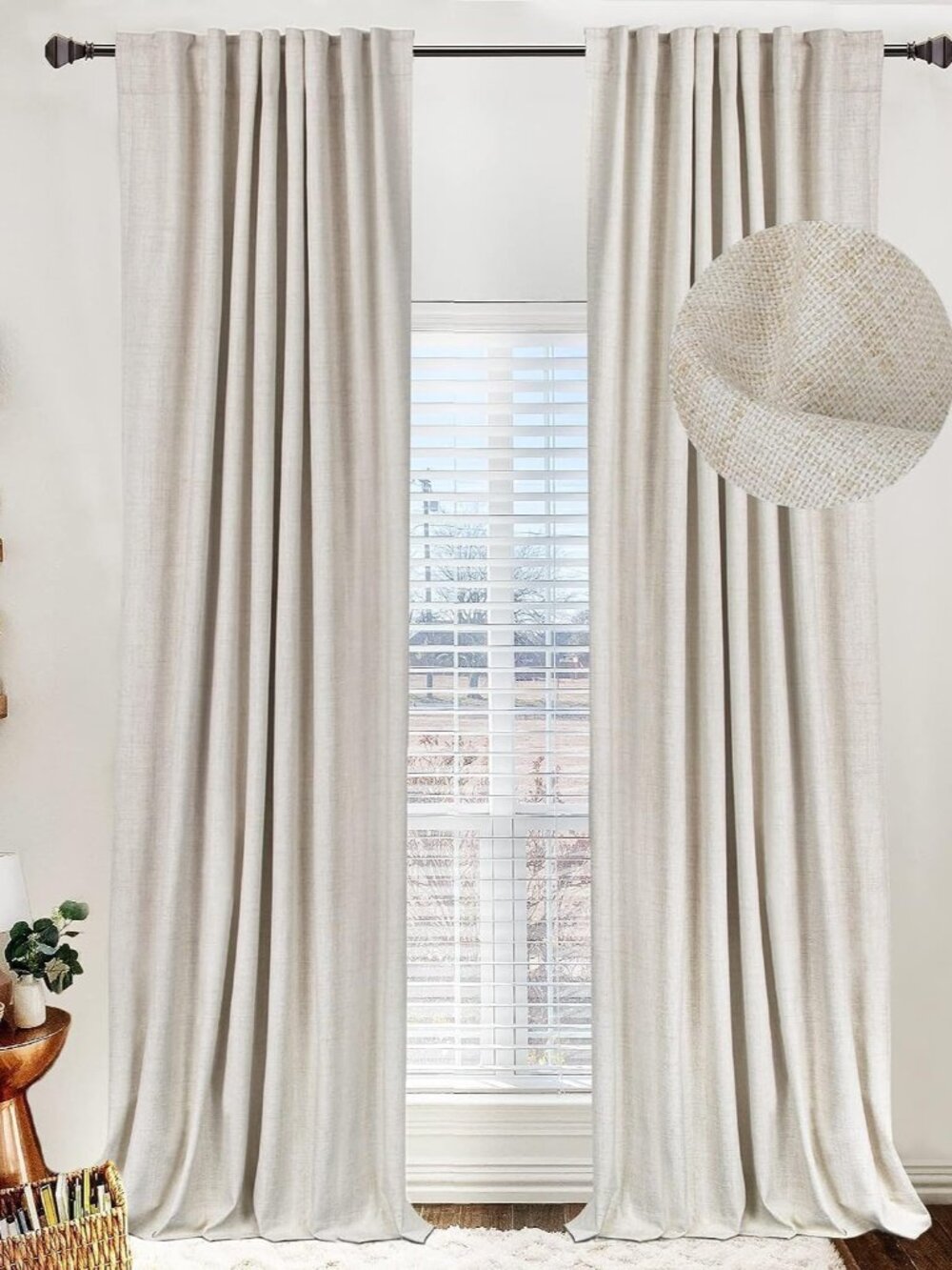 Linen Total Blackout Curtains for Bedroom Living Room 90 Inch, Cream